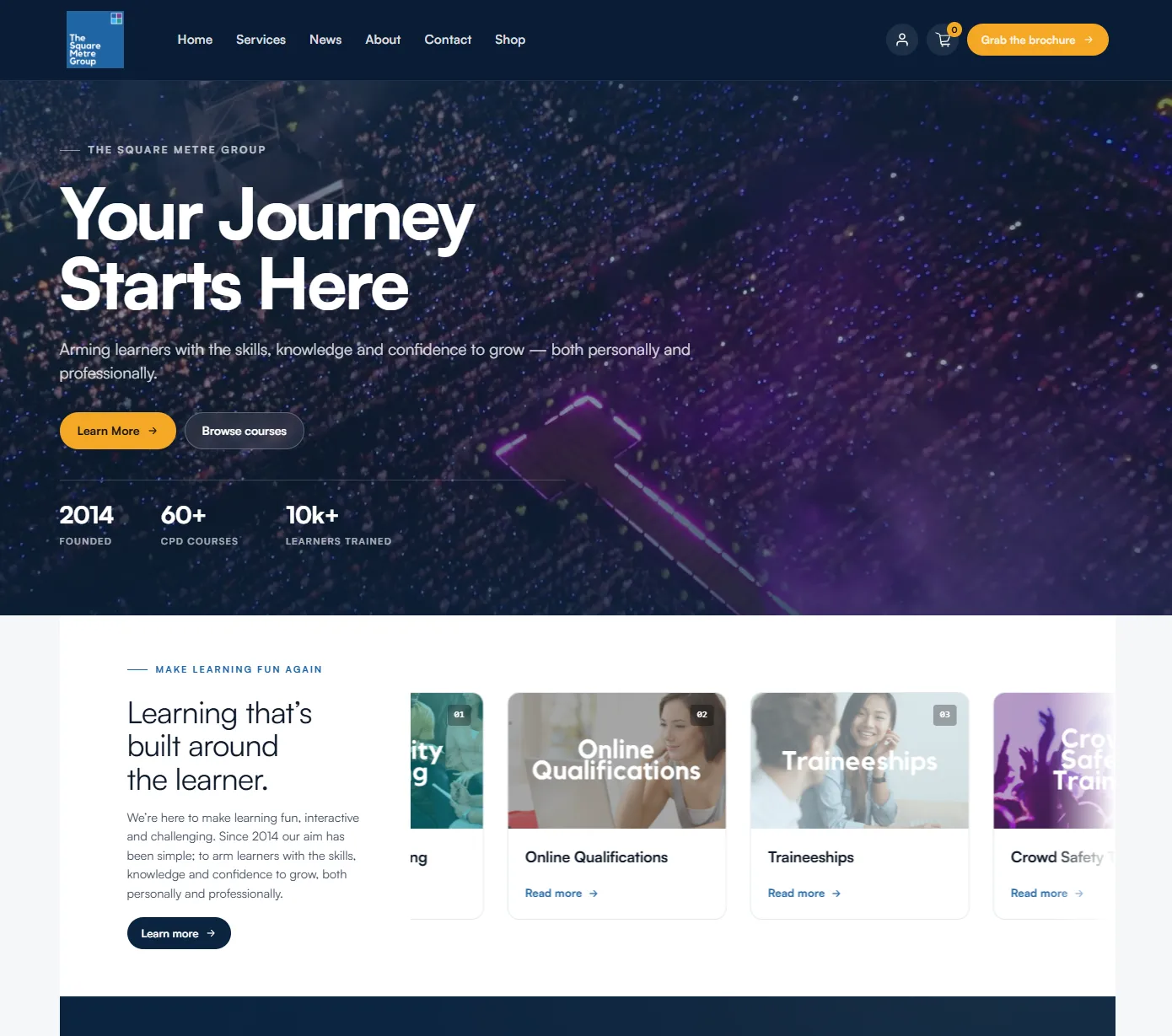 The rebuilt Square Metre Group homepage on staging, with the course shop and service categories in a single navigation